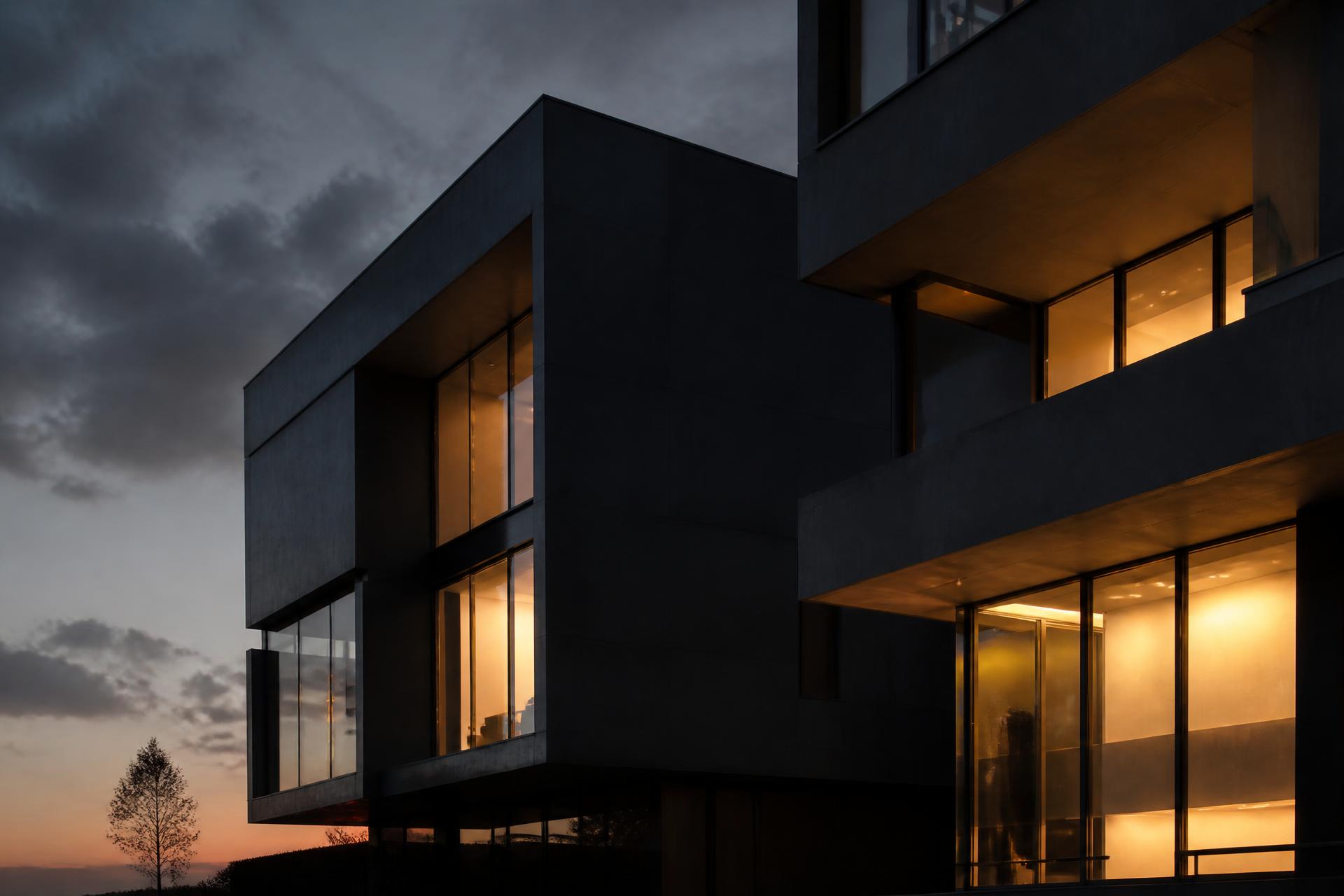 Modern charcoal and glass building facade illuminated at dusk