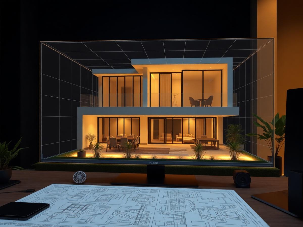 3D architectural visualisation of a modern residence displayed beside technical drawings