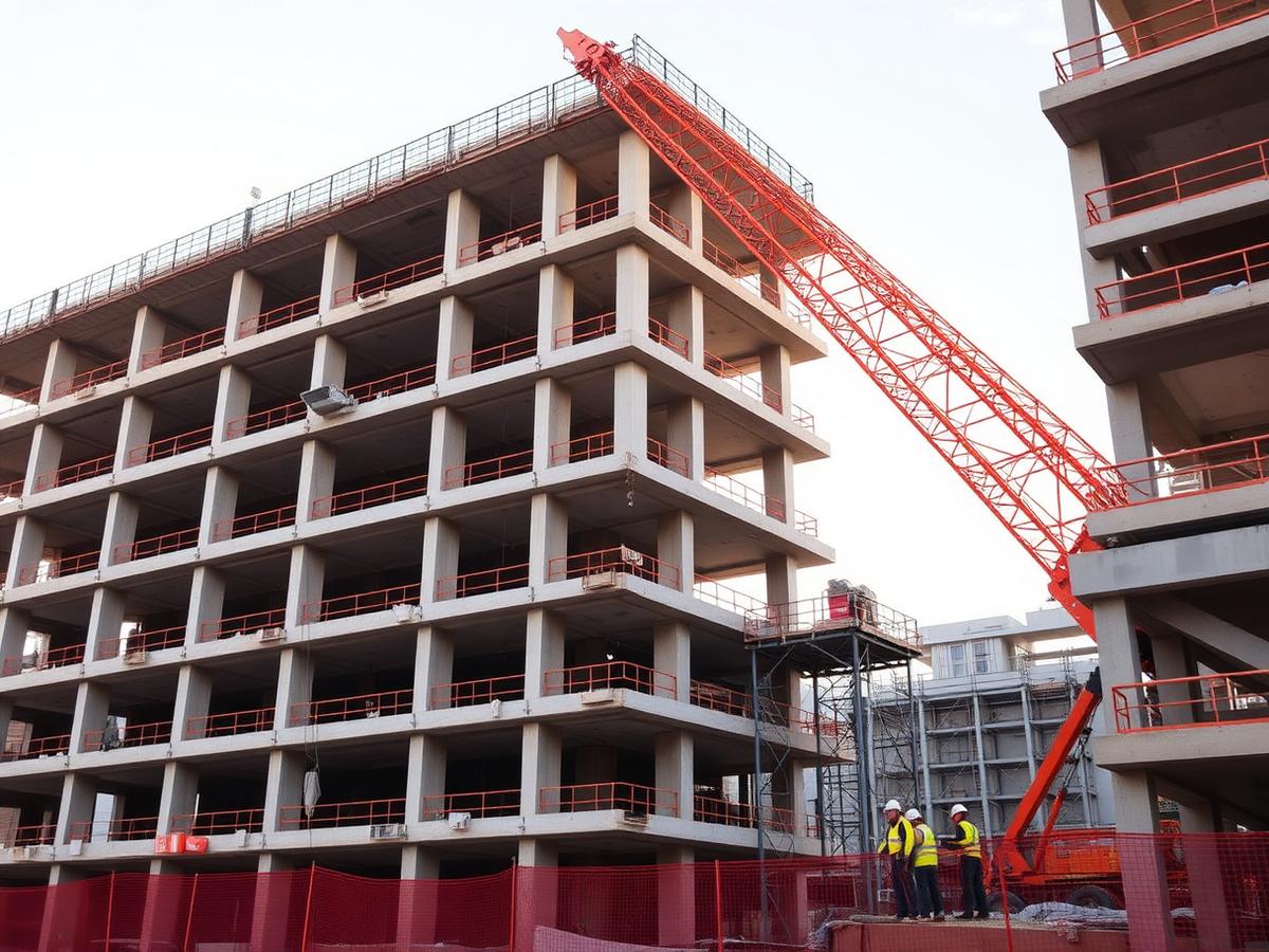 Reinforced concrete frame of a multi-storey building under construction with site engineers
