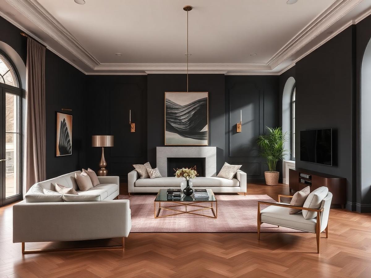 Contemporary living room interior with charcoal walls, wooden flooring and warm accent lighting