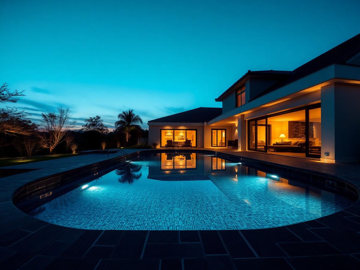 Modern residential swimming pool with dark stone coping and underwater lighting at dusk
