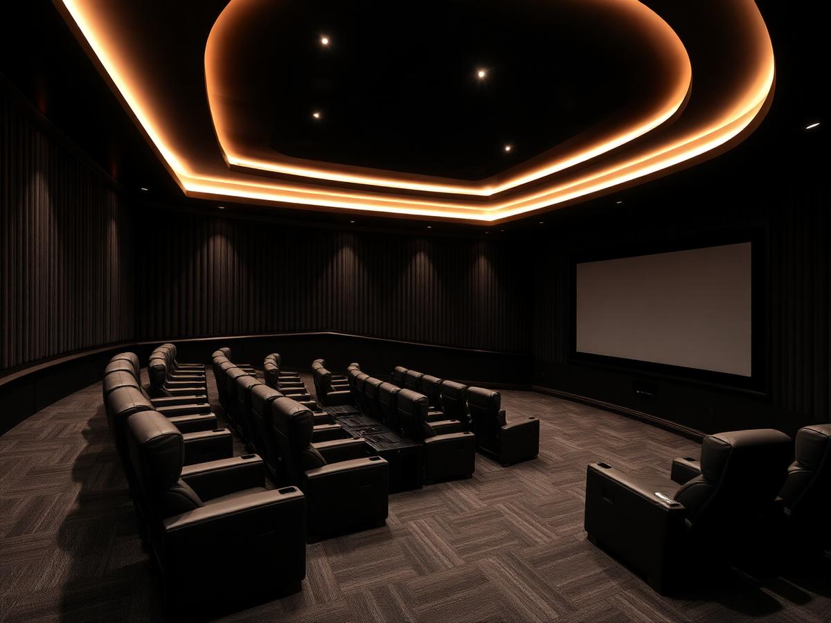 Private home theater room with acoustic wall panelling, tiered seating and cove lighting